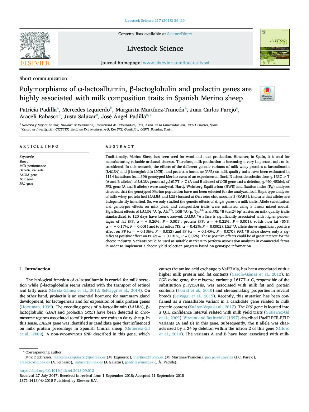 Polymorphisms of Î±-lactoalbumin, Î²-lactoglobulin and prolactin genes are highly associated with milk composition traits in Spanish Merino sheep