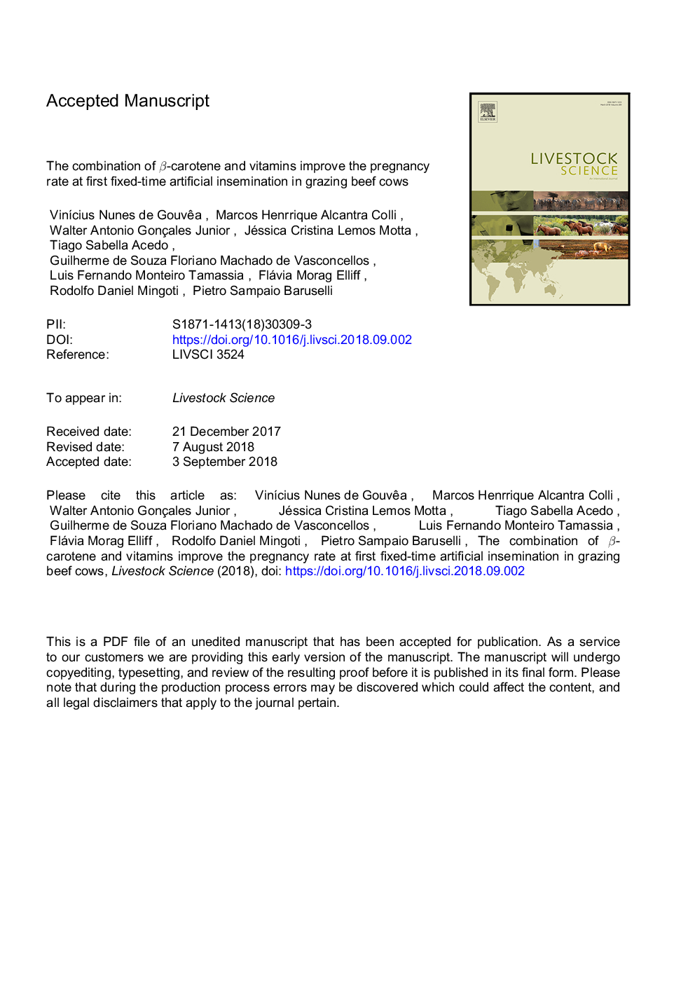 The combination of Î²-carotene and vitamins improve the pregnancy rate at first fixed-time artificial insemination in grazing beef cows