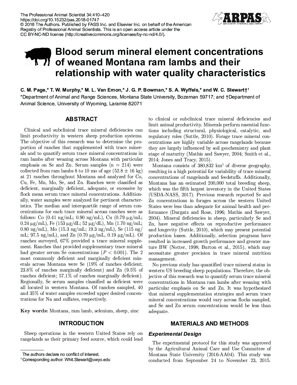 Blood serum mineral element concentrations of weaned Montana ram lambs and their relationship with water quality characteristics