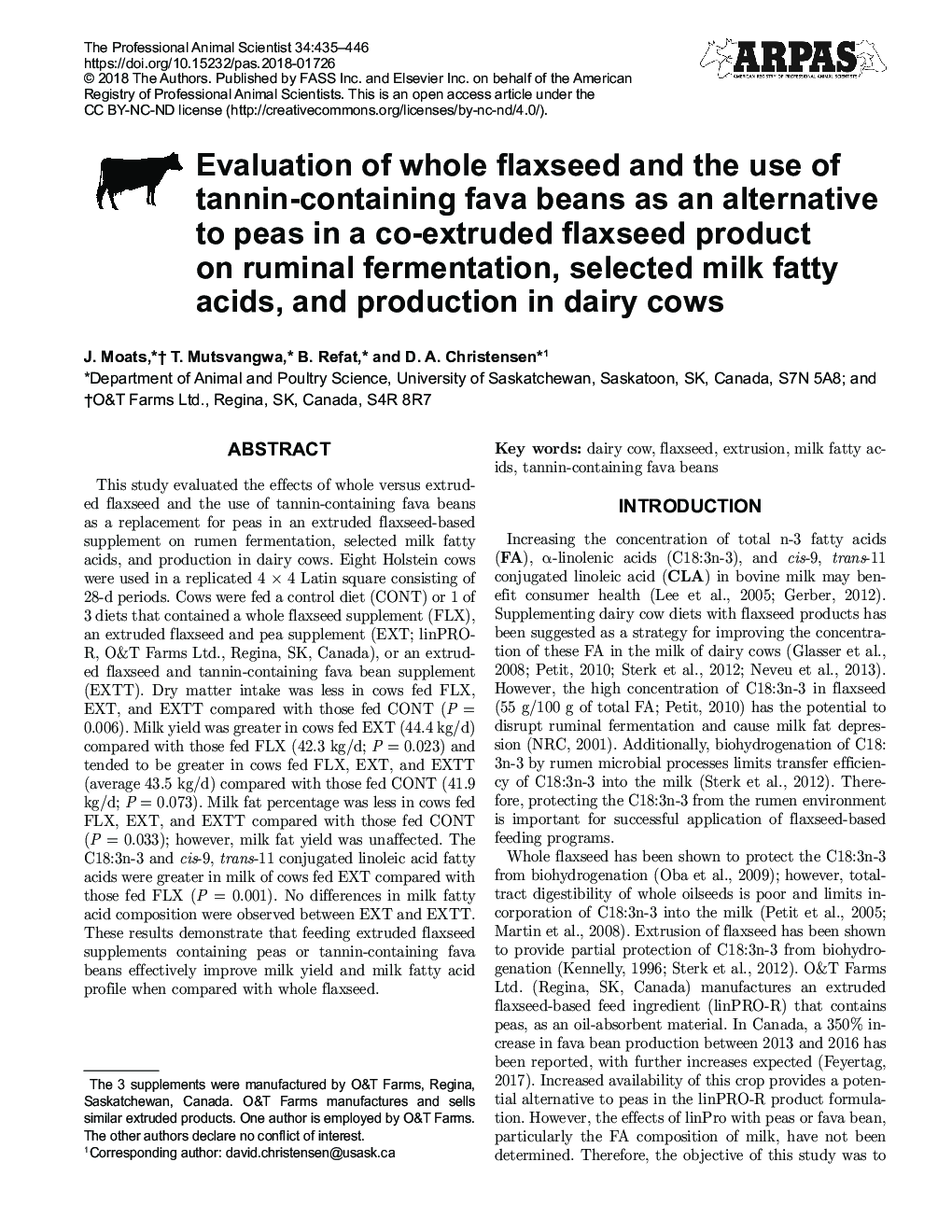 ارزیابی کل دانه کتان و استفاده از لوبیا فووا حاوی تانن به عنوان یک جایگزین برای نخود فرنگی در یک محصول کتان اکسترود شده بر روی تخمیر شخم، اسید های چرب شیر انتخاب شده و تولید در گاوهای شیری