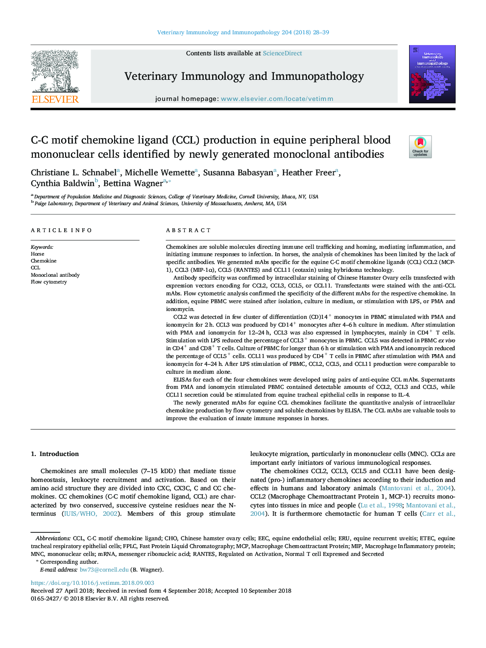 C-C motif chemokine ligand (CCL) production in equine peripheral blood mononuclear cells identified by newly generated monoclonal antibodies