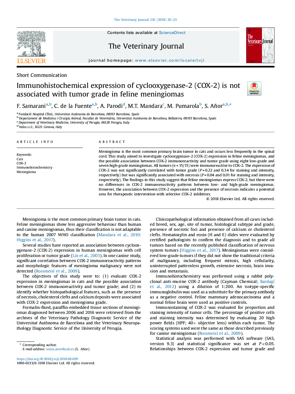 Immunohistochemical expression of cyclooxygenase-2 (COX-2) is not associated with tumor grade in feline meningiomas