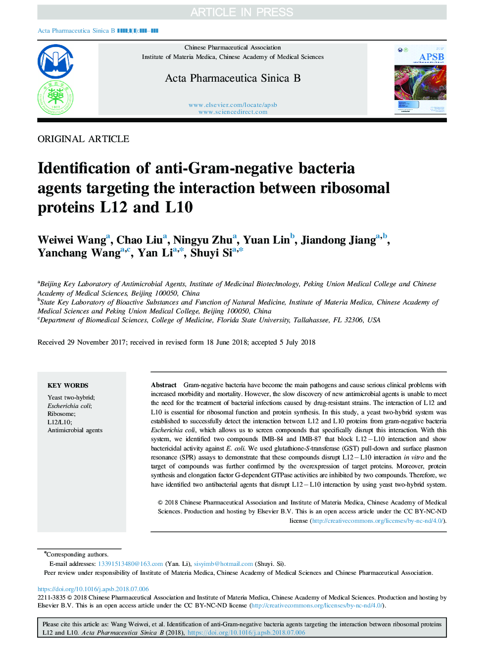 Identification of anti-Gram-negative bacteria agents targeting the interaction between ribosomal proteins L12 and L10