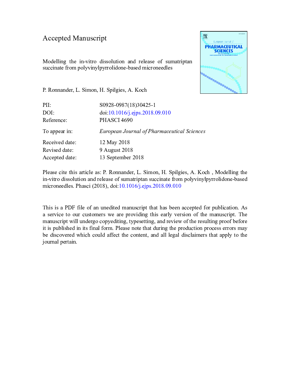 Modelling the in-vitro dissolution and release of sumatriptan succinate from polyvinylpyrrolidone-based microneedles