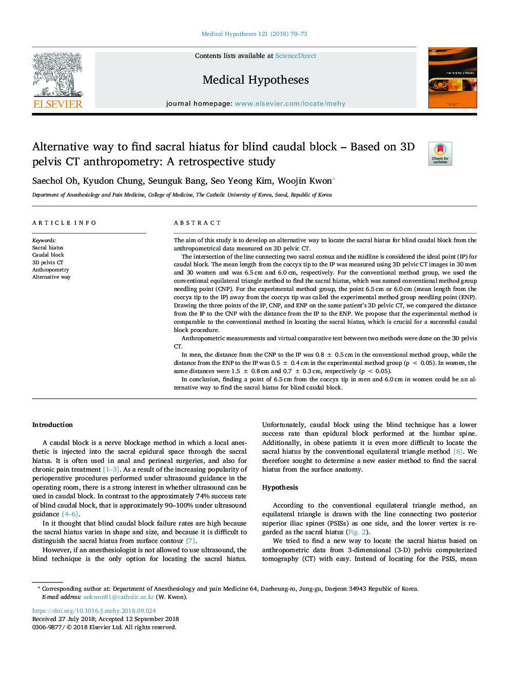 Alternative way to find sacral hiatus for blind caudal block - Based on 3D pelvis CT anthropometry: A retrospective study