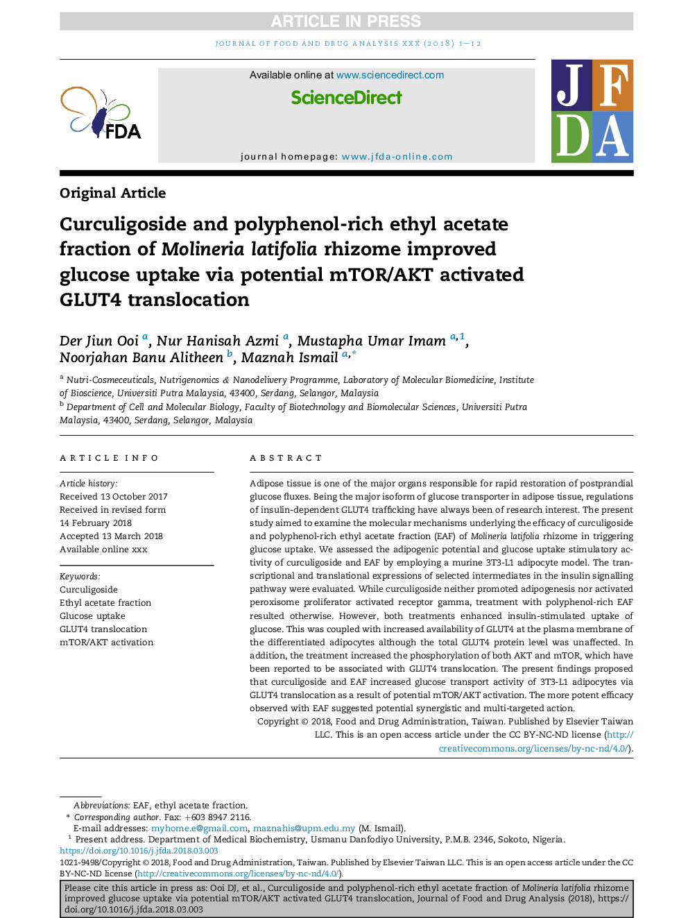 Curculigoside and polyphenol-rich ethyl acetate fraction of Molineria latifolia rhizome improved glucose uptake via potential mTOR/AKT activated GLUT4 translocation