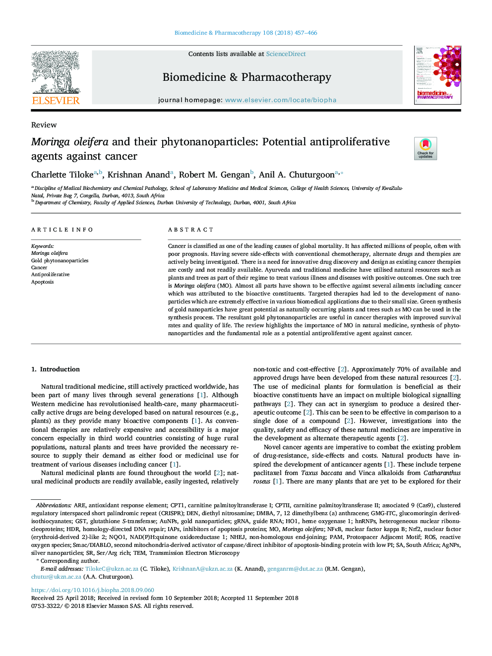 Moringa oleifera and their phytonanoparticles: Potential antiproliferative agents against cancer