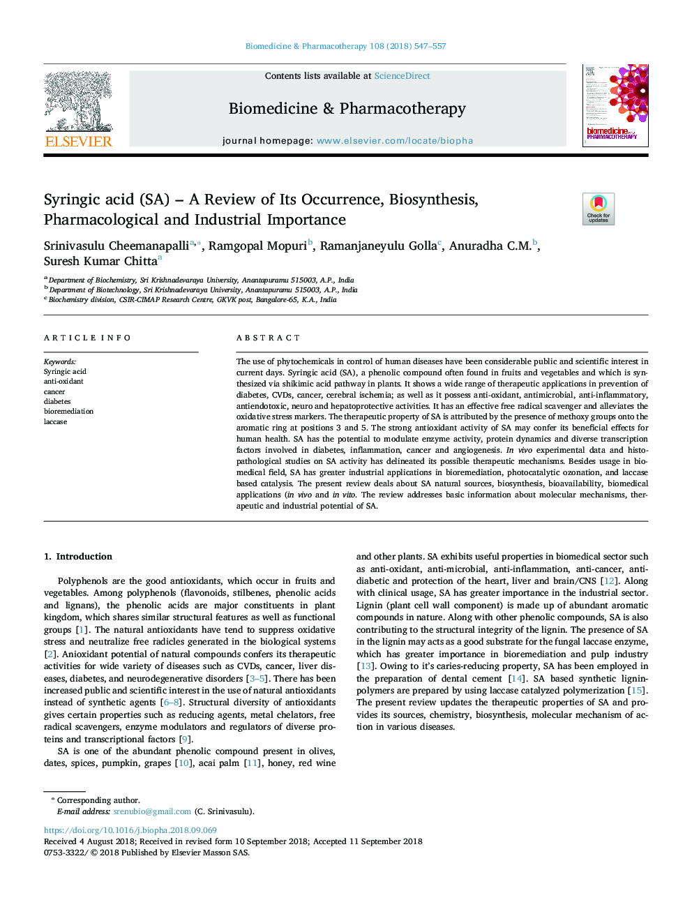 Syringic acid (SA) â A Review of Its Occurrence, Biosynthesis, Pharmacological and Industrial Importance