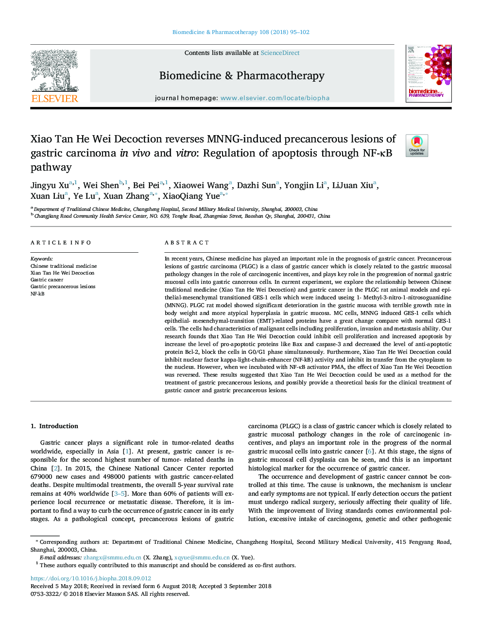 Xiao Tan He Wei Decoction reverses MNNG-induced precancerous lesions of gastric carcinoma in vivo and vitro: Regulation of apoptosis through NF-ÎºB pathway