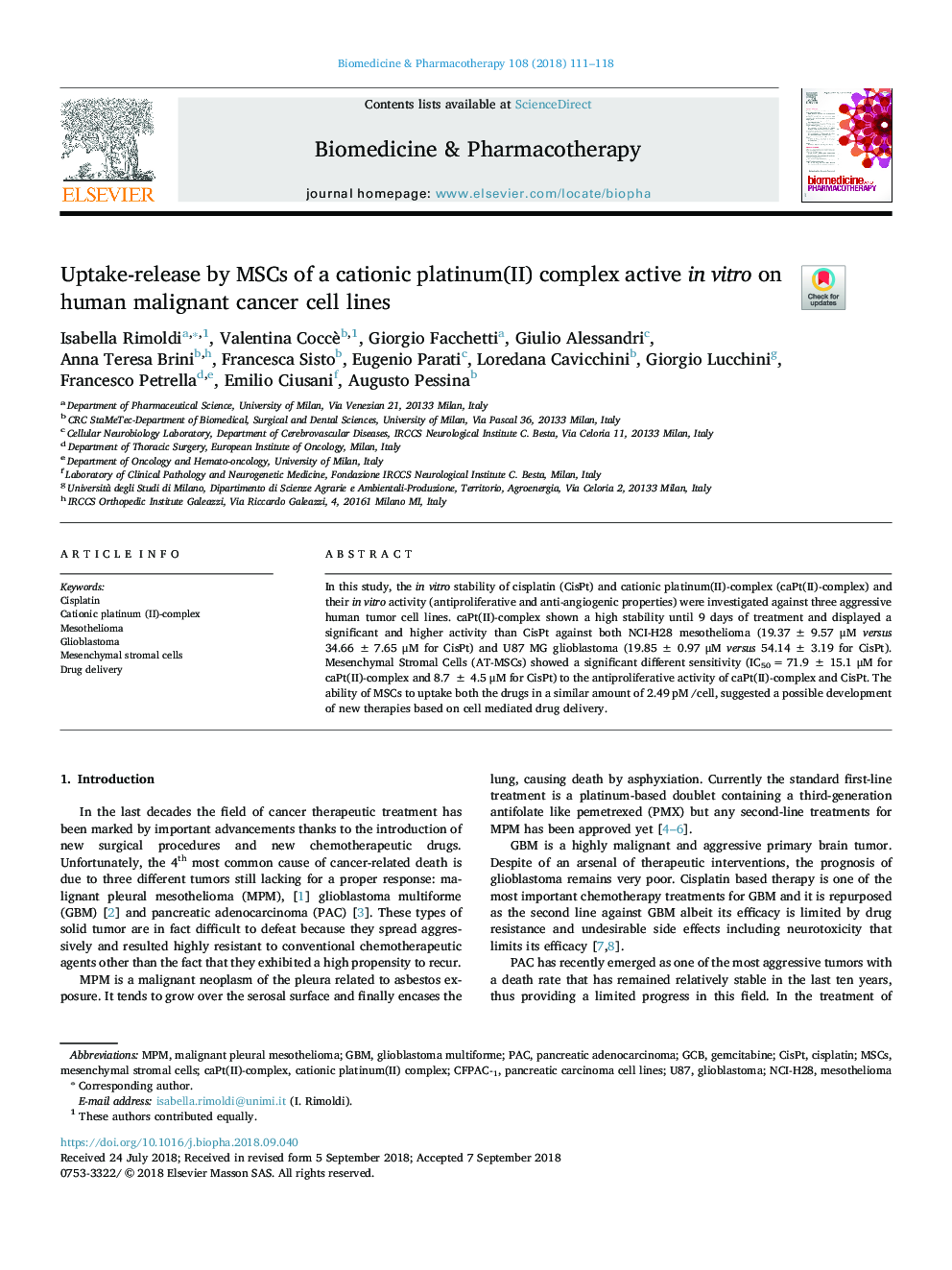 Uptake-release by MSCs of a cationic platinum(II) complex active in vitro on human malignant cancer cell lines