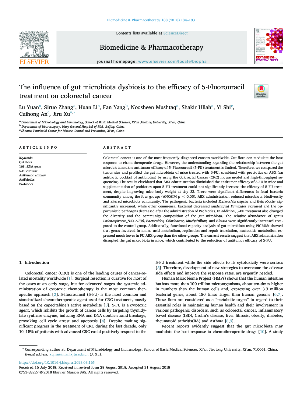 The influence of gut microbiota dysbiosis to the efficacy of 5-Fluorouracil treatment on colorectal cancer