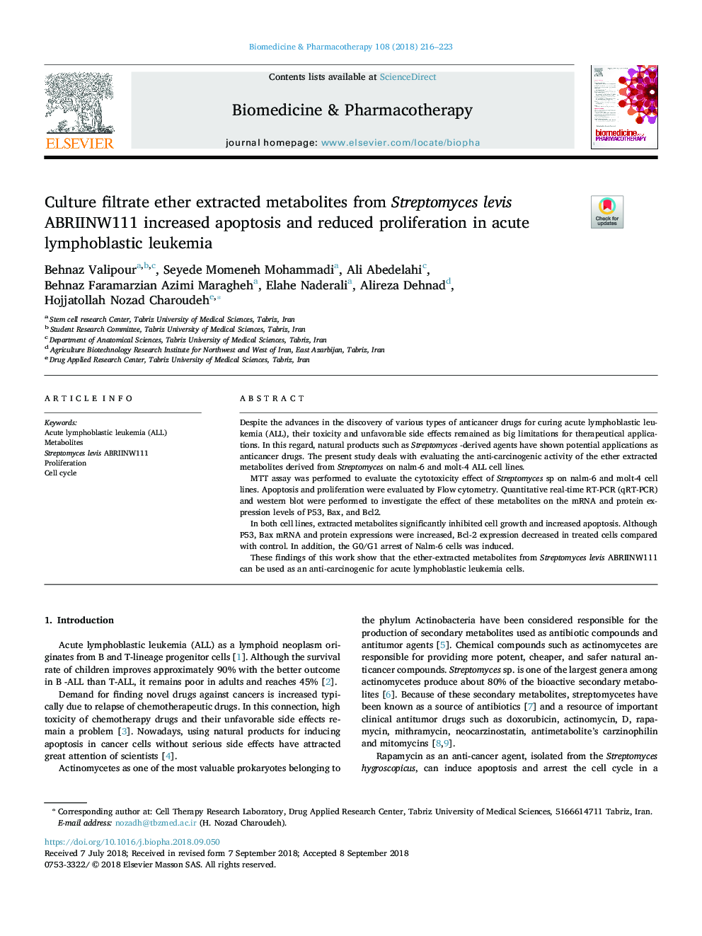 Culture filtrate ether extracted metabolites from Streptomyces levis ABRIINW111 increased apoptosis and reduced proliferation in acute lymphoblastic leukemia