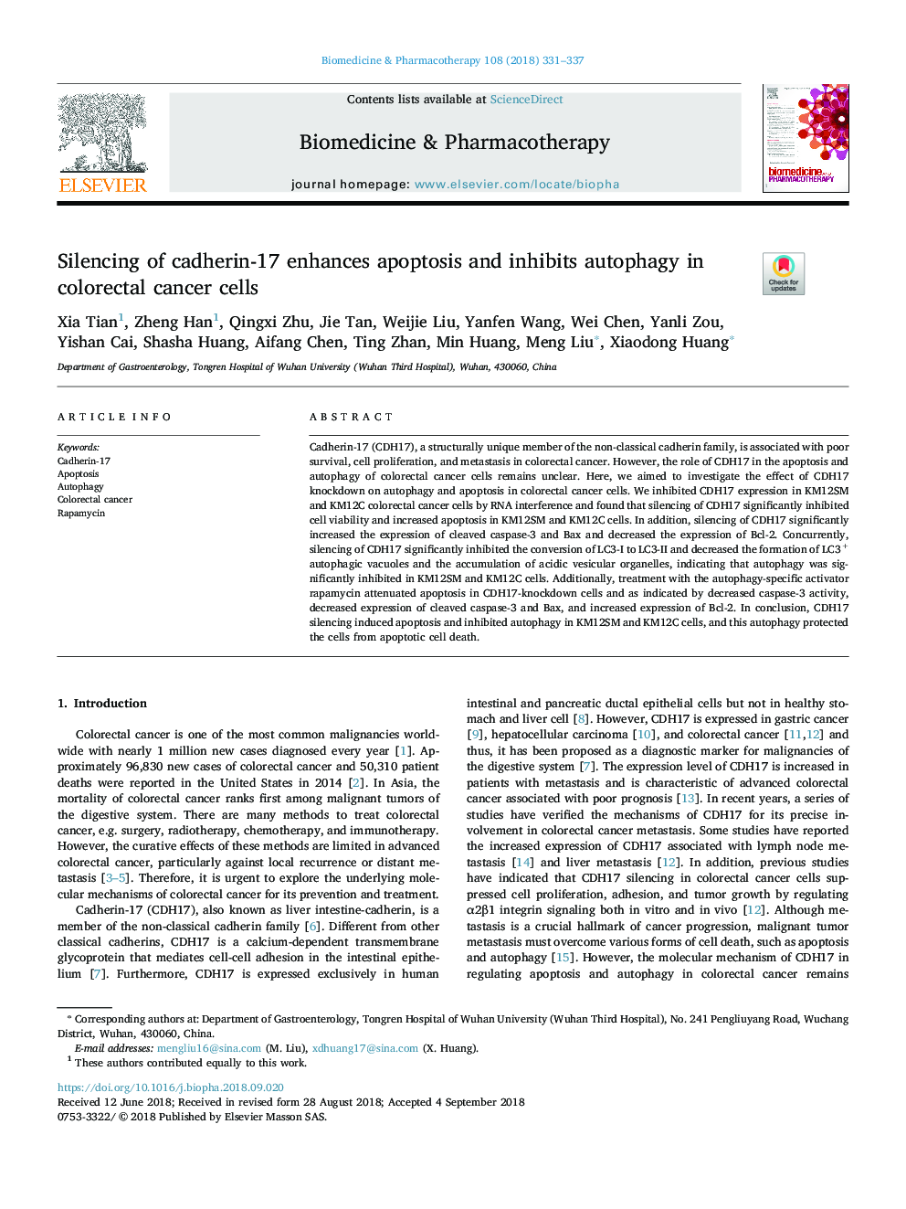 Silencing of cadherin-17 enhances apoptosis and inhibits autophagy in colorectal cancer cells