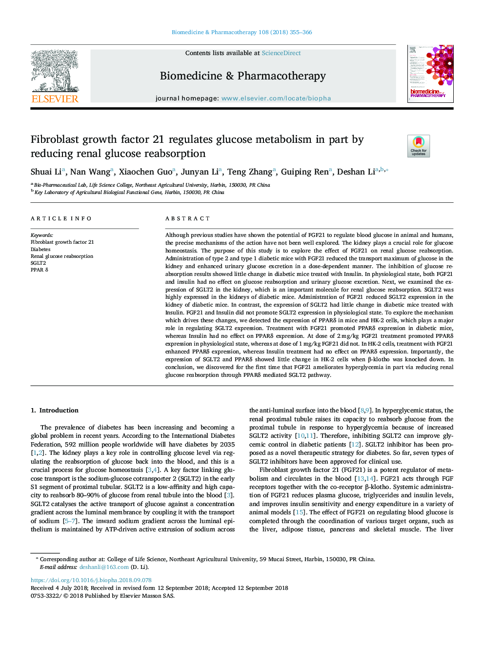 Fibroblast growth factor 21 regulates glucose metabolism in part by reducing renal glucose reabsorption