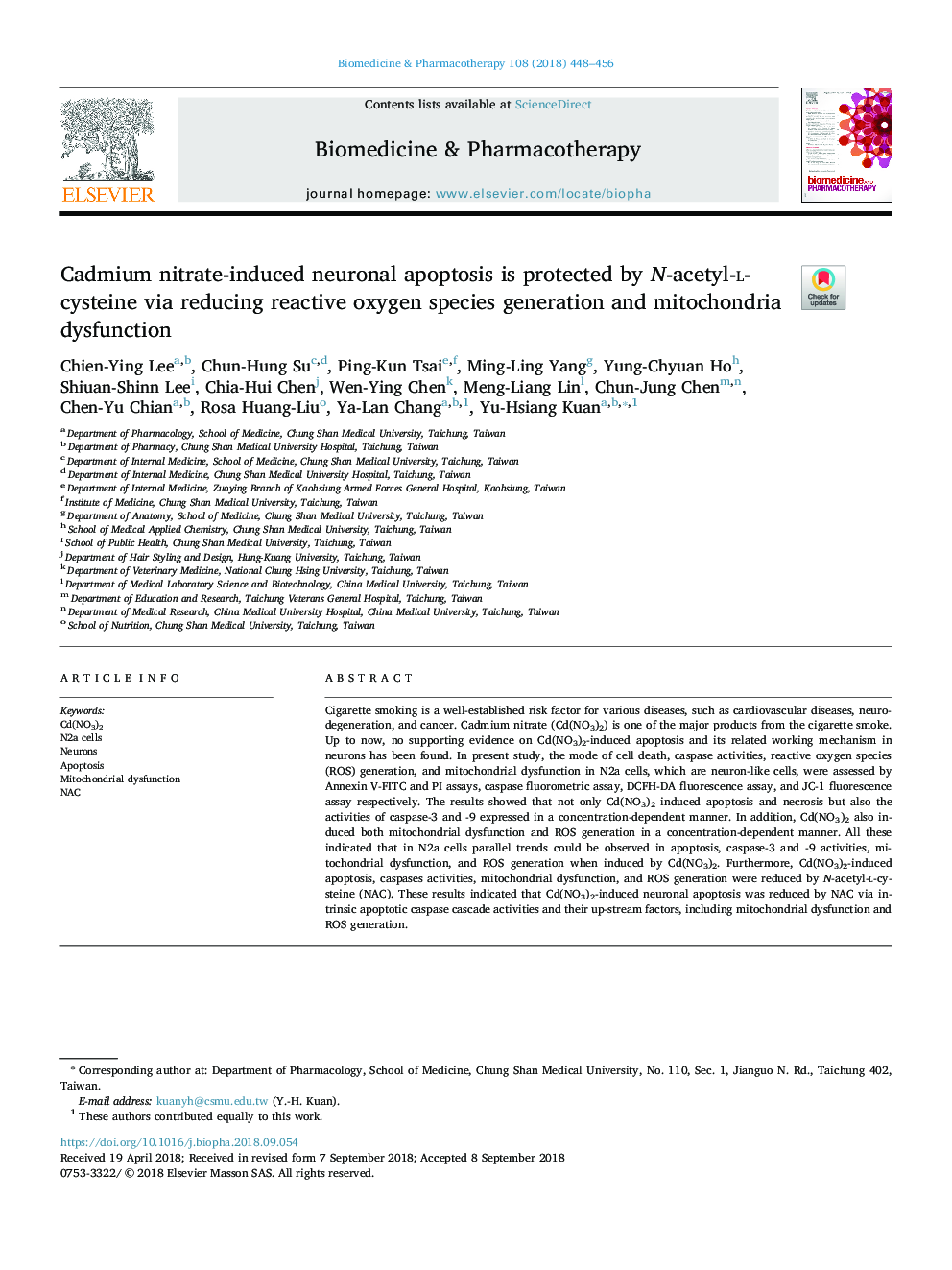 Cadmium nitrate-induced neuronal apoptosis is protected by N-acetyl-l-cysteine via reducing reactive oxygen species generation and mitochondria dysfunction