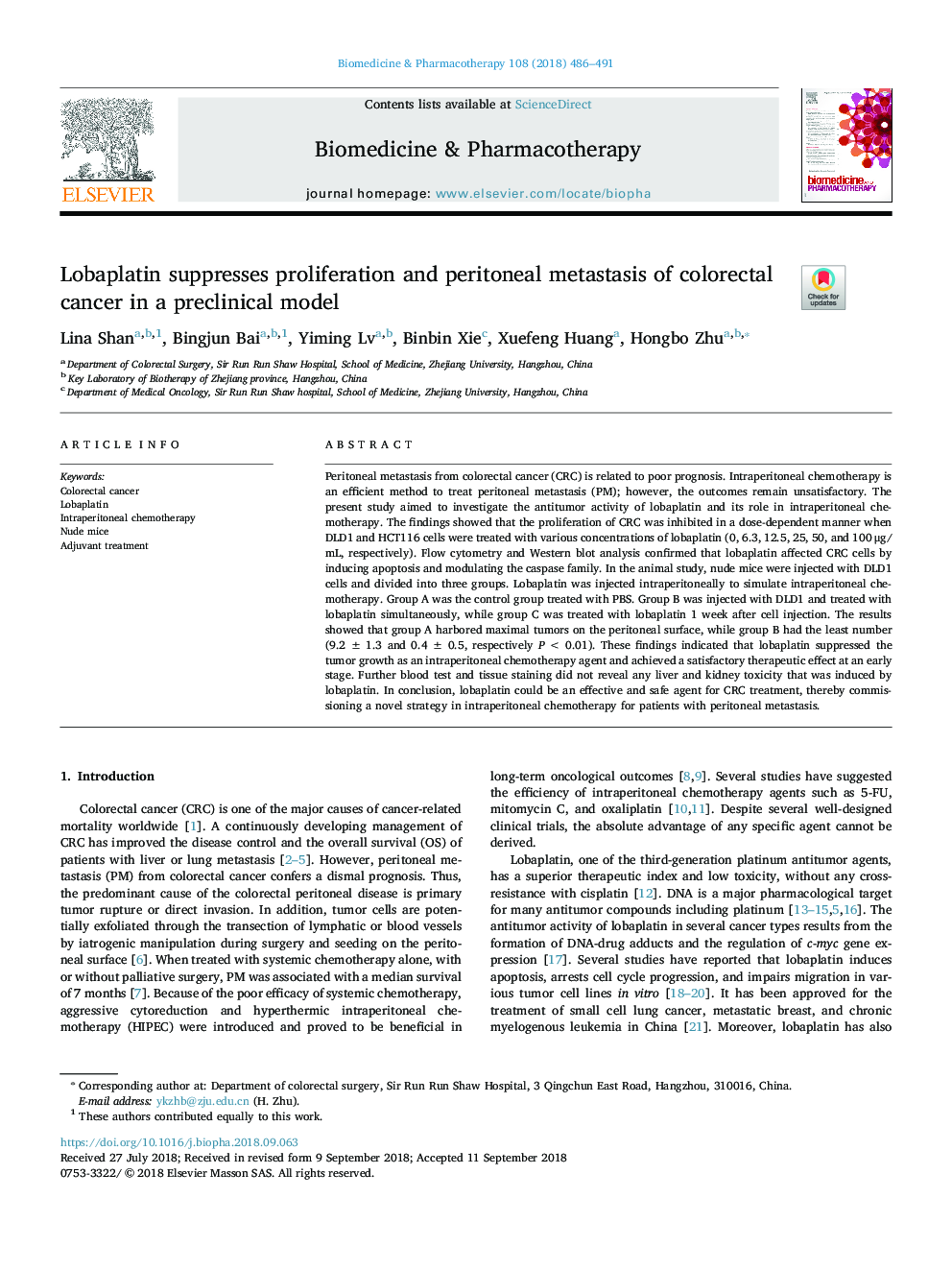 Lobaplatin suppresses proliferation and peritoneal metastasis of colorectal cancer in a preclinical model