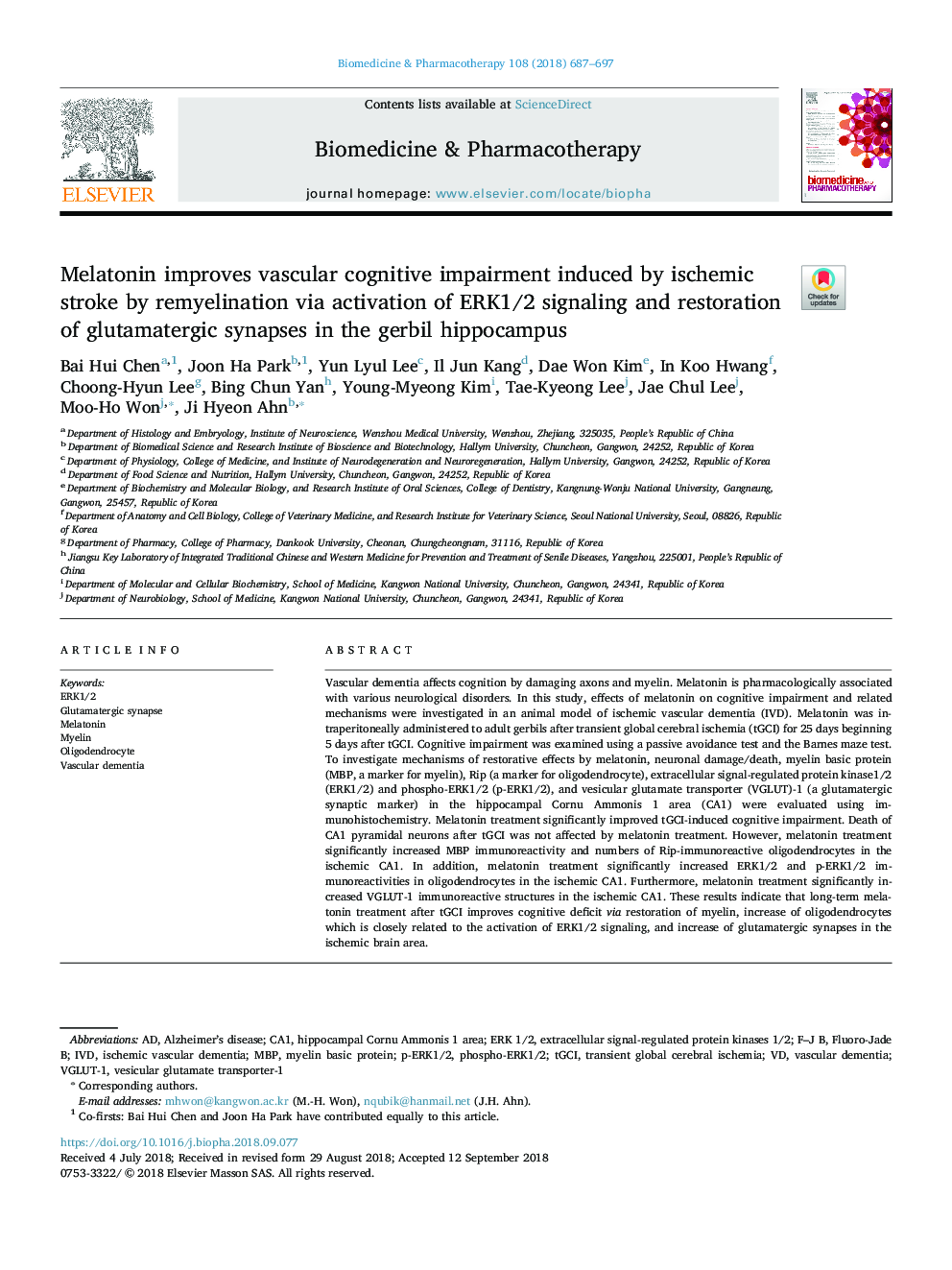 Melatonin improves vascular cognitive impairment induced by ischemic stroke by remyelination via activation of ERK1/2 signaling and restoration of glutamatergic synapses in the gerbil hippocampus