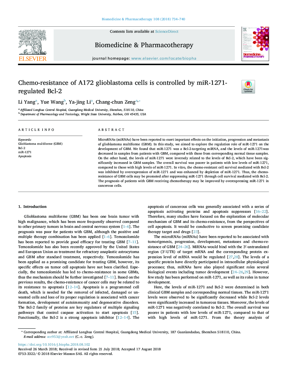 Chemo-resistance of A172 glioblastoma cells is controlled by miR-1271-regulated Bcl-2