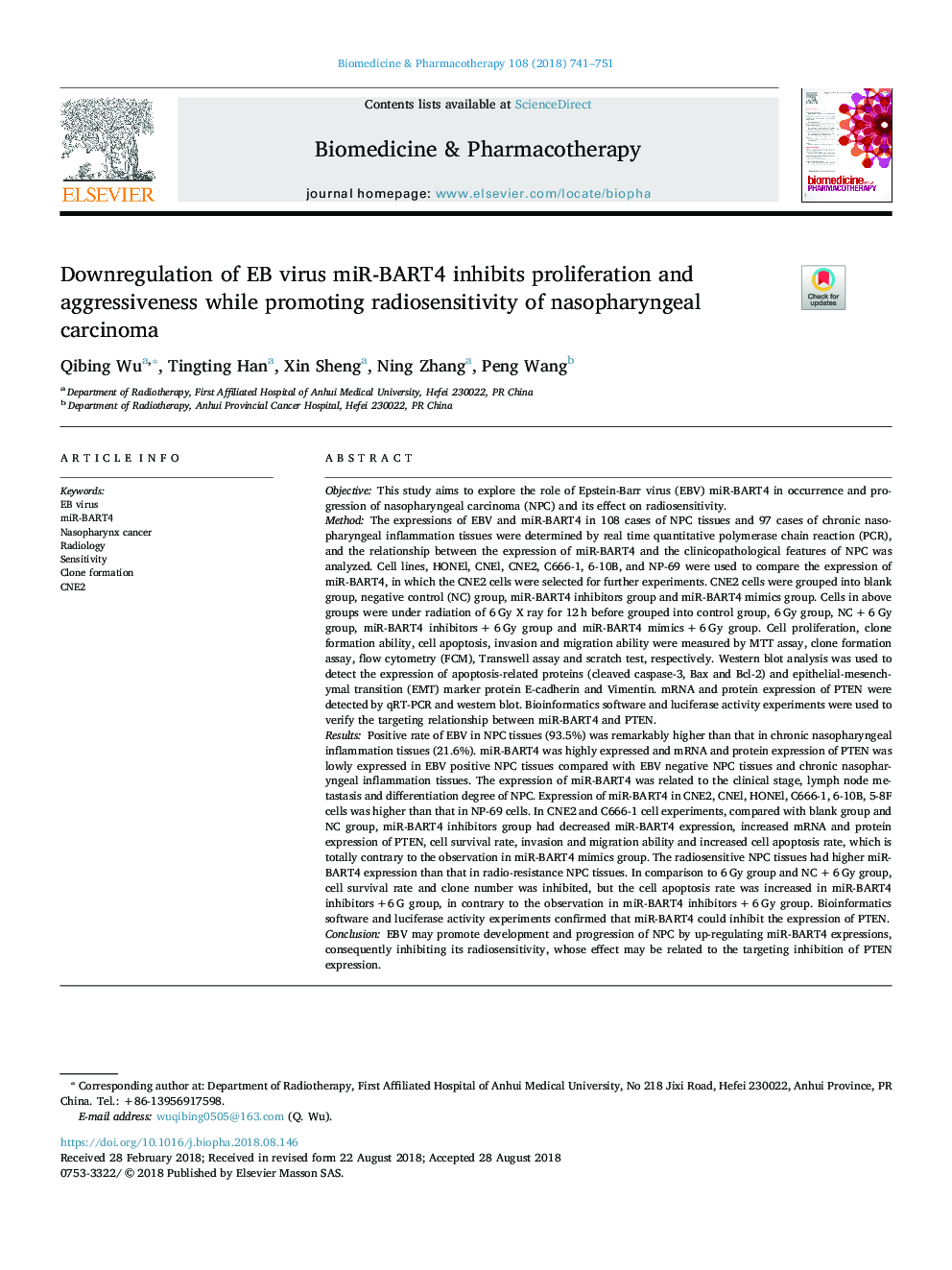 Downregulation of EB virus miR-BART4 inhibits proliferation and aggressiveness while promoting radiosensitivity of nasopharyngeal carcinoma