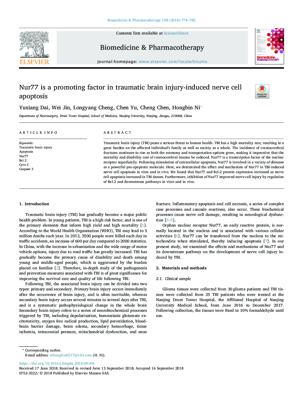 Nur77 is a promoting factor in traumatic brain injury-induced nerve cell apoptosis