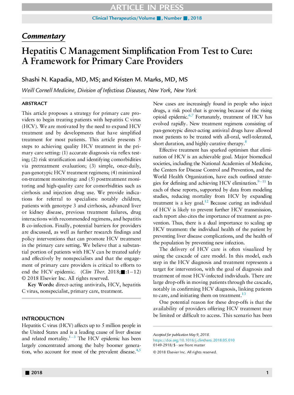 Hepatitis C Management Simplification From Test to Cure: A Framework for Primary Care Providers