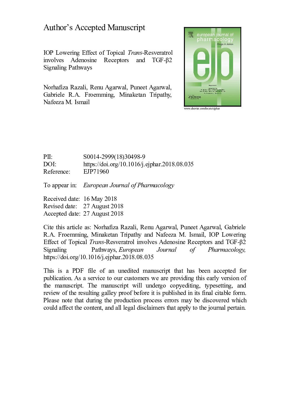 IOP lowering effect of topical trans-resveratrol involves adenosine receptors and TGF-Î²2 signaling pathways