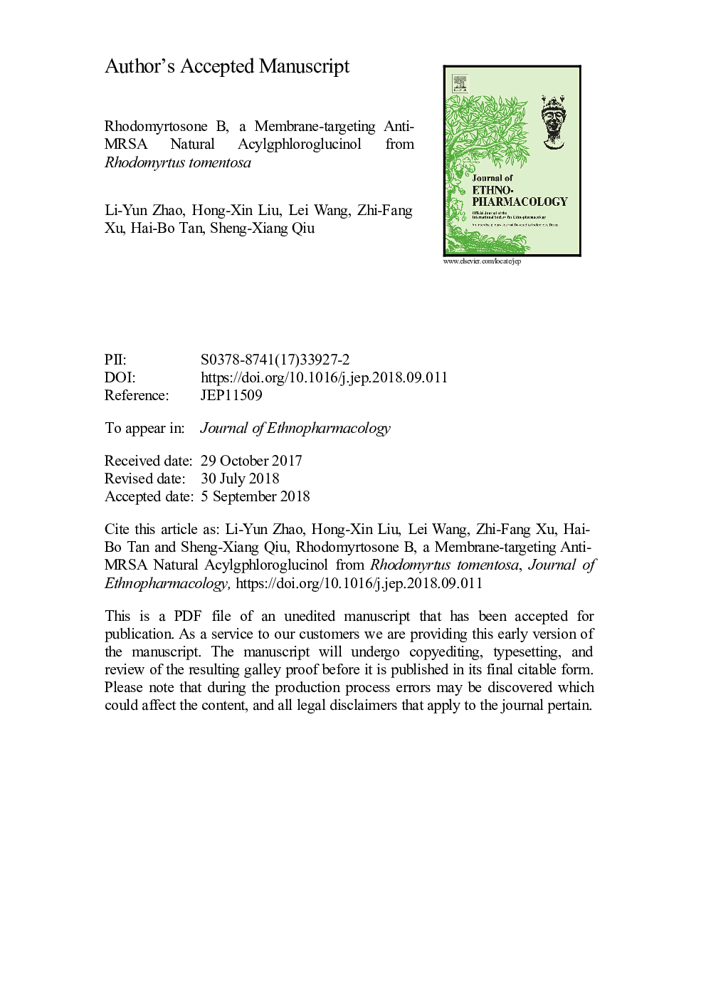 عکس صفحه اول مقاله: Rhodomyrtosone B, a membrane-targeting anti-MRSA natural acylgphloroglucinol from Rhodomyrtus tomentosa Rhodomyrtosone B, a membrane-targeting anti-MRSA natural acylgphloroglucinol from Rhodomyrtus tomentosa
