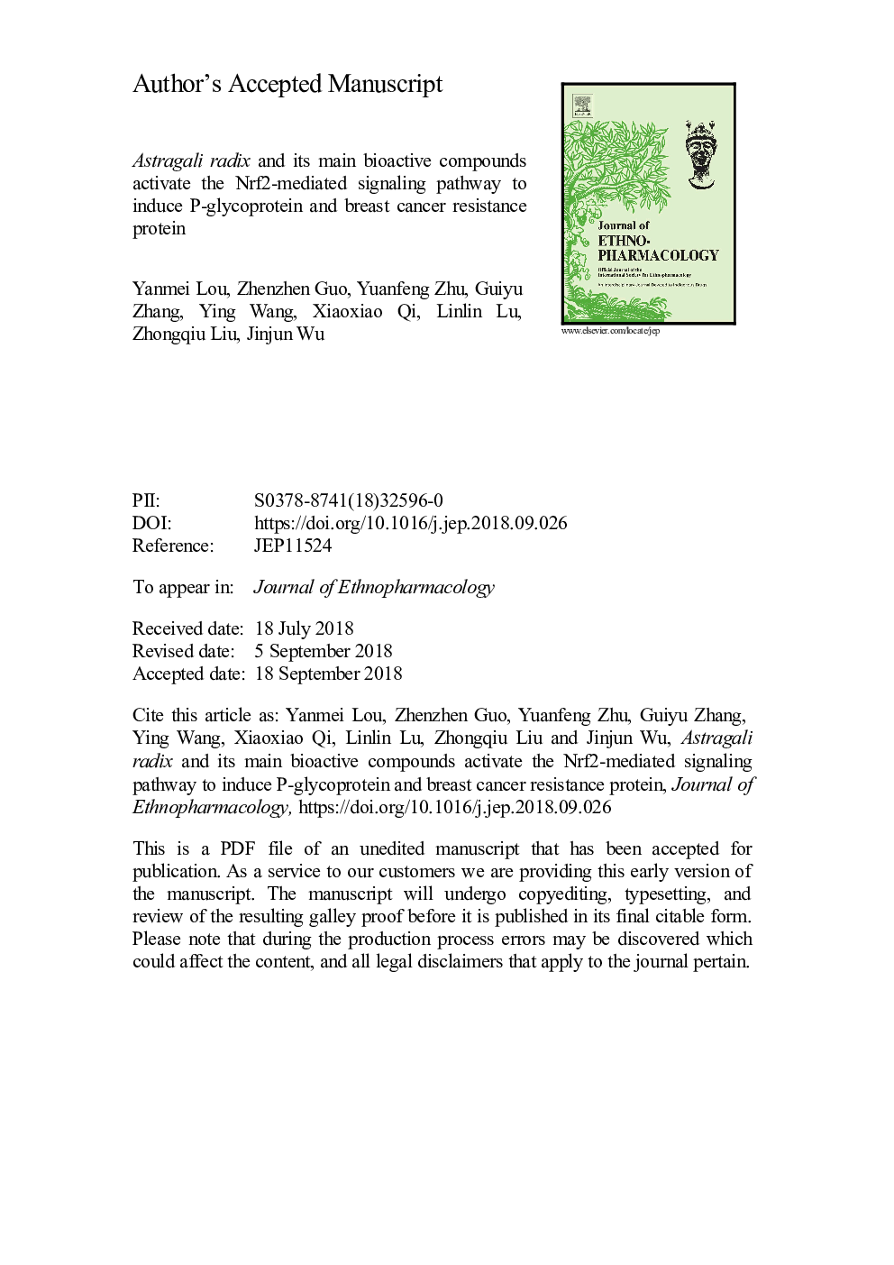 Astragali radix and its main bioactive compounds activate the Nrf2-mediated signaling pathway to induce P-glycoprotein and breast cancer resistance protein