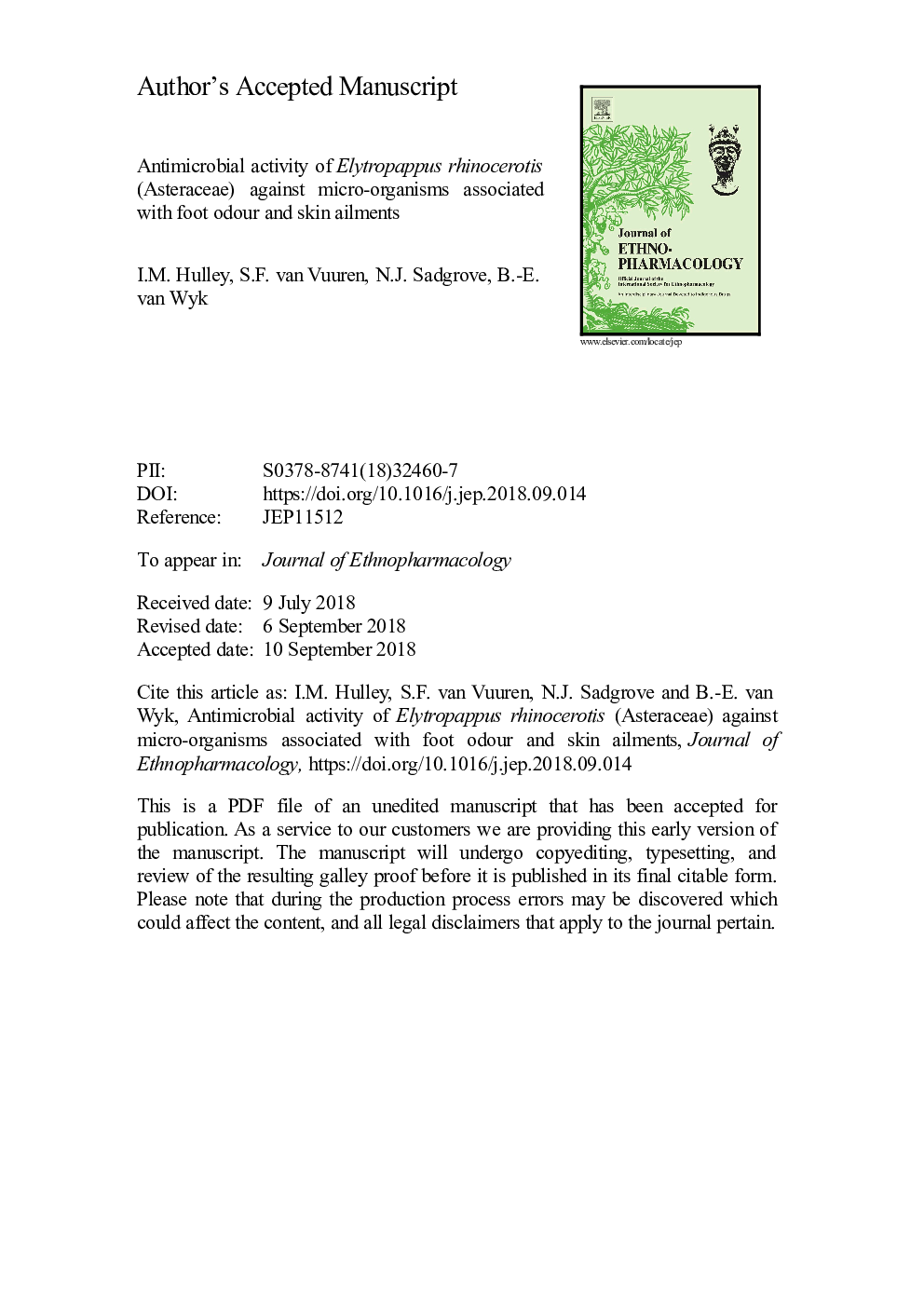 Antimicrobial activity of Elytropappus rhinocerotis (Asteraceae) against micro-organisms associated with foot odour and skin ailments