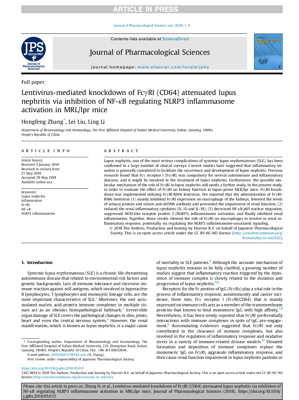 Lentivirus-mediated knockdown of FcÎ³RI (CD64) attenuated lupus nephritis via inhibition of NF-ÎºB regulating NLRP3 inflammasome activation in MRL/lpr mice