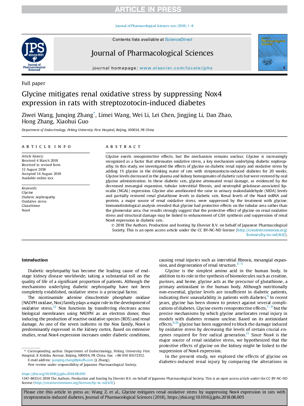 Glycine mitigates renal oxidative stress by suppressing Nox4 expression in rats with streptozotocin-induced diabetes