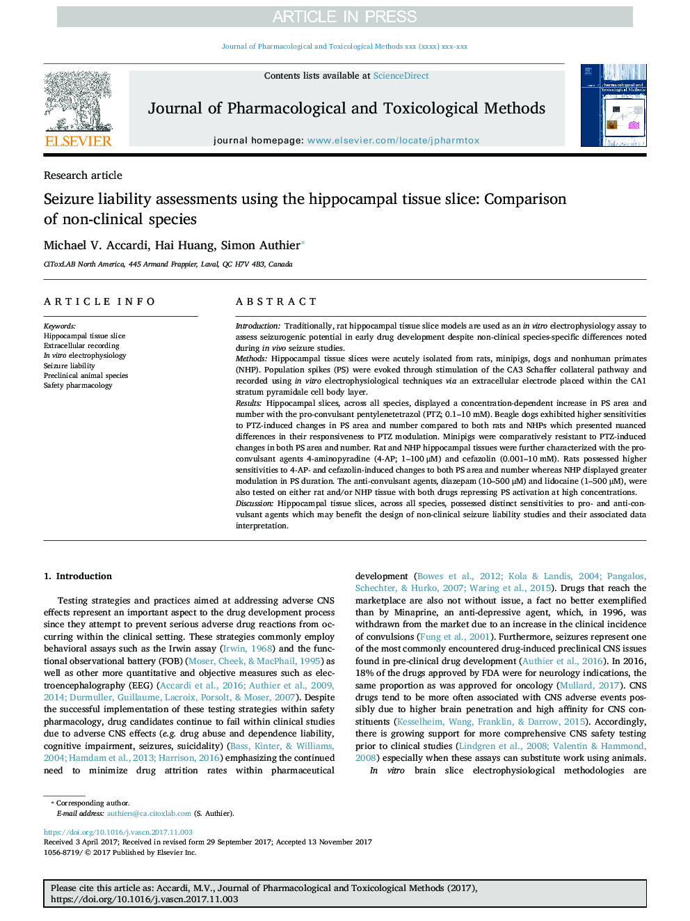 Seizure liability assessments using the hippocampal tissue slice: Comparison of non-clinical species