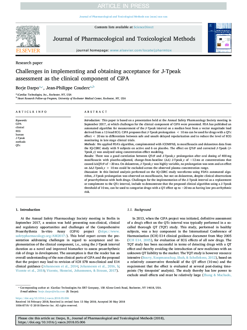 Challenges in implementing and obtaining acceptance for J-Tpeak assessment as the clinical component of CiPA