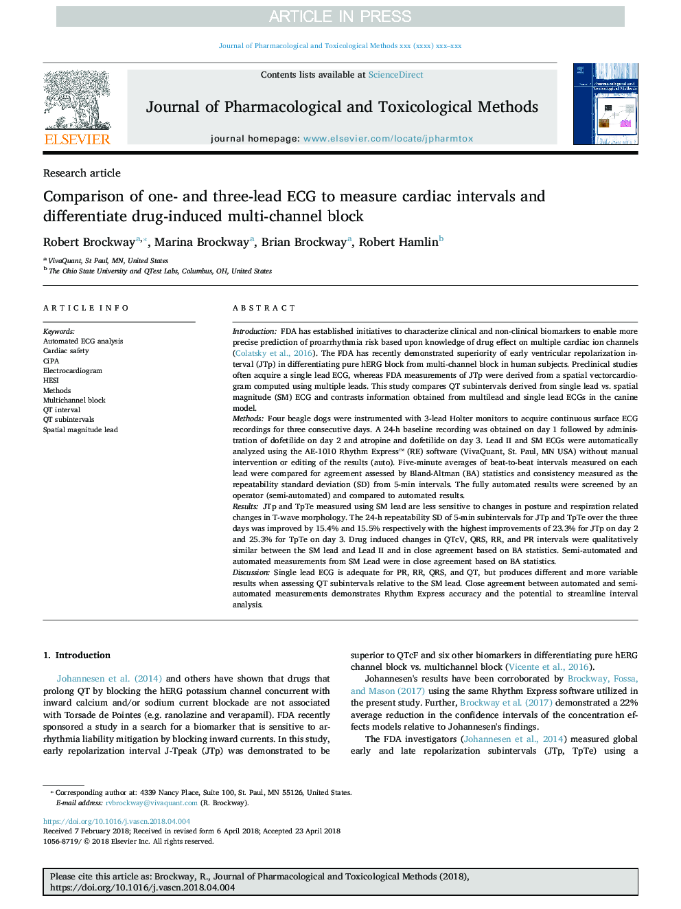 Comparison of one- and three-lead ECG to measure cardiac intervals and differentiate drug-induced multi-channel block