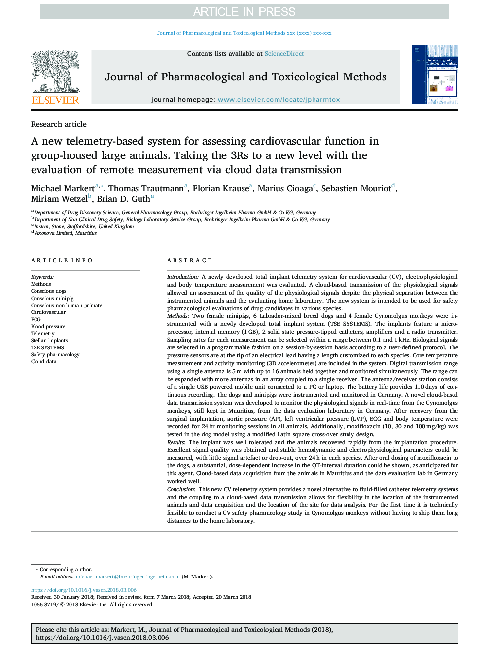 A new telemetry-based system for assessing cardiovascular function in group-housed large animals. Taking the 3Rs to a new level with the evaluation of remote measurement via cloud data transmission