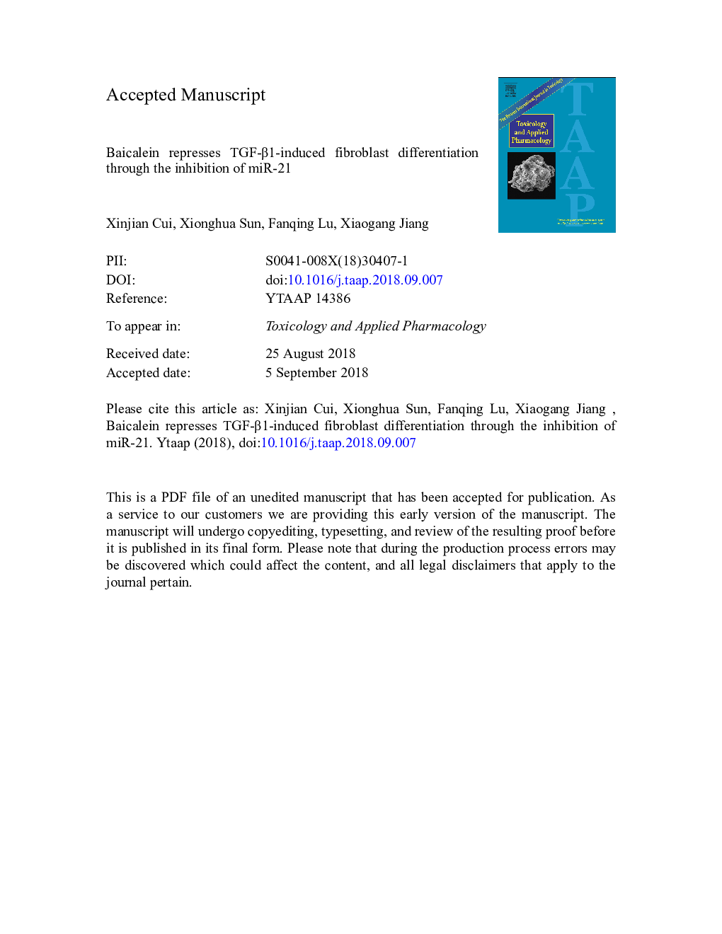 Baicalein represses TGF-Î²1-induced fibroblast differentiation through the inhibition of miR-21