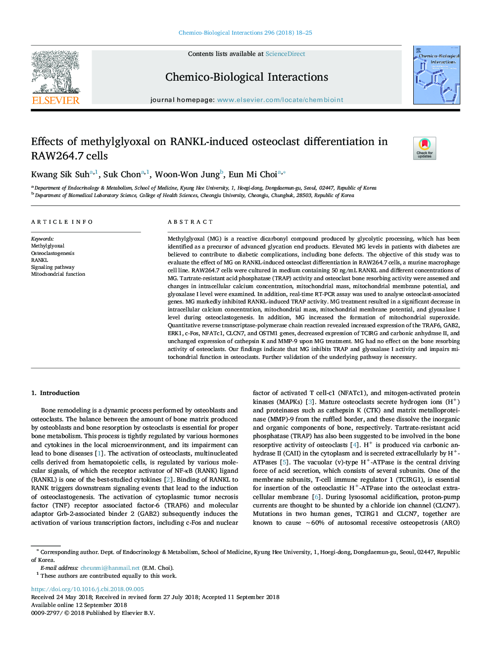 Effects of methylglyoxal on RANKL-induced osteoclast differentiation in RAW264.7â¯cells