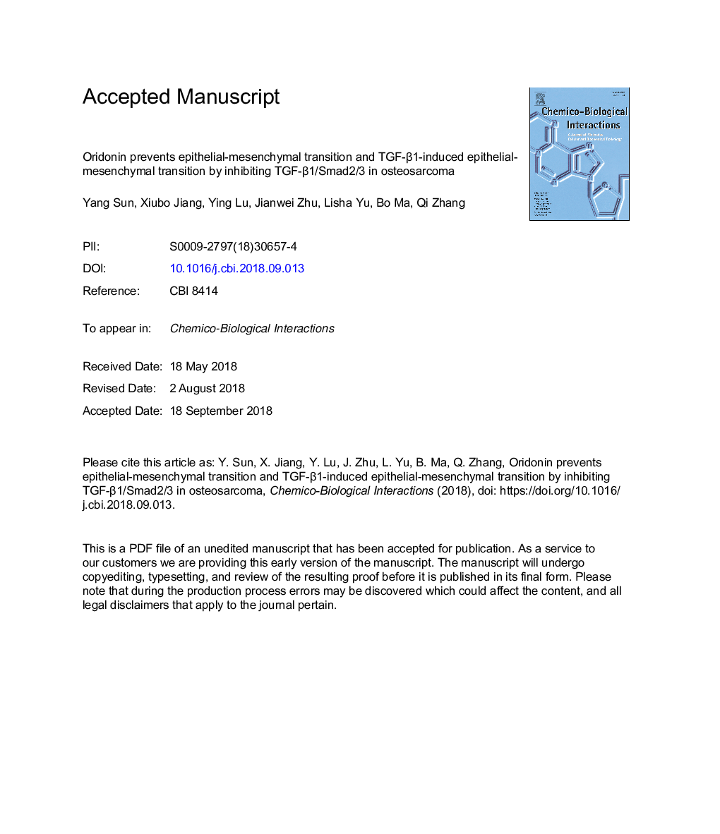Oridonin prevents epithelial-mesenchymal transition and TGF-Î²1-induced epithelial-mesenchymal transition by inhibiting TGF-Î²1/Smad2/3 in osteosarcoma