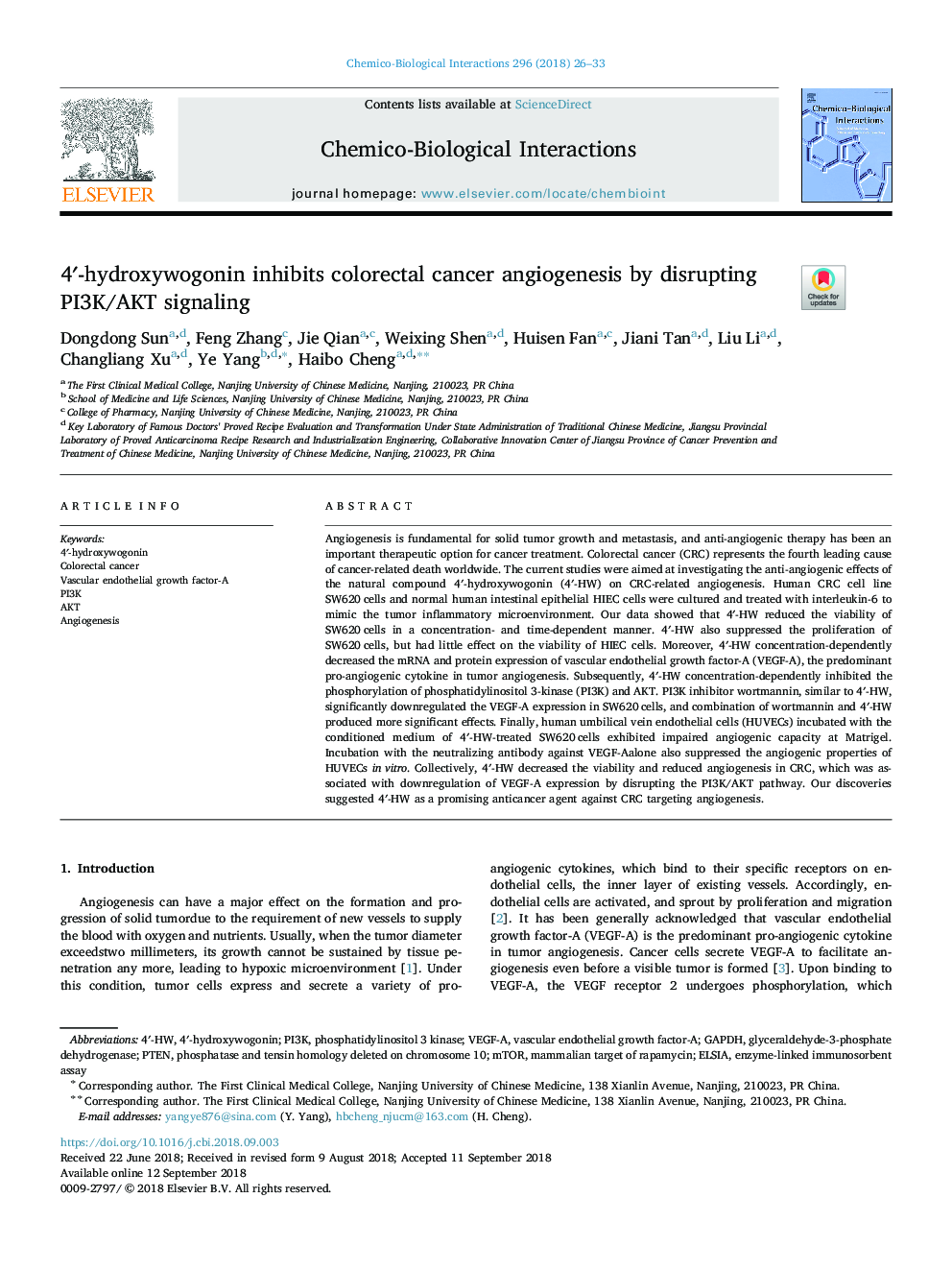 4â²-hydroxywogonin inhibits colorectal cancer angiogenesis by disrupting PI3K/AKT signaling