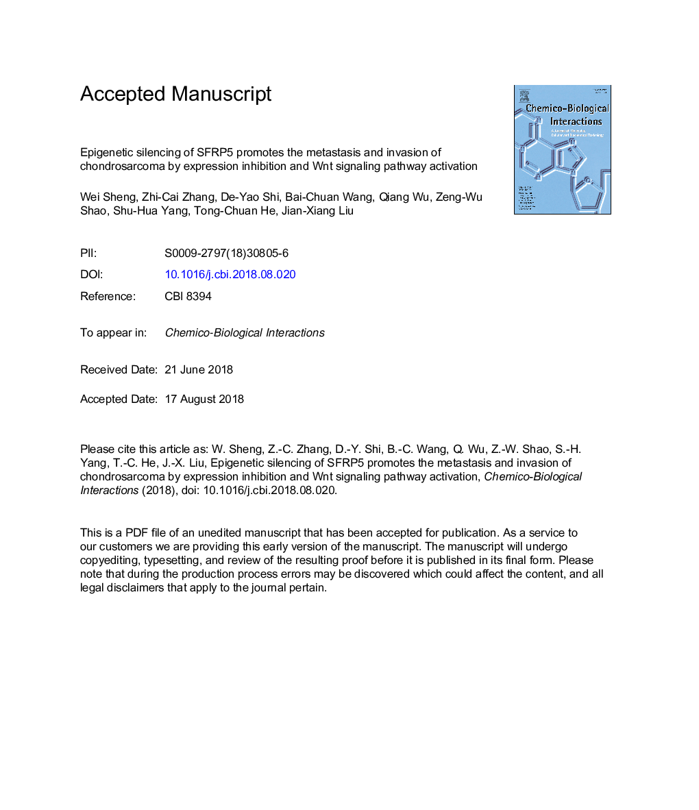 Epigenetic silencing of SFRP5 promotes the metastasis and invasion of chondrosarcoma by expression inhibition and Wnt signaling pathway activation