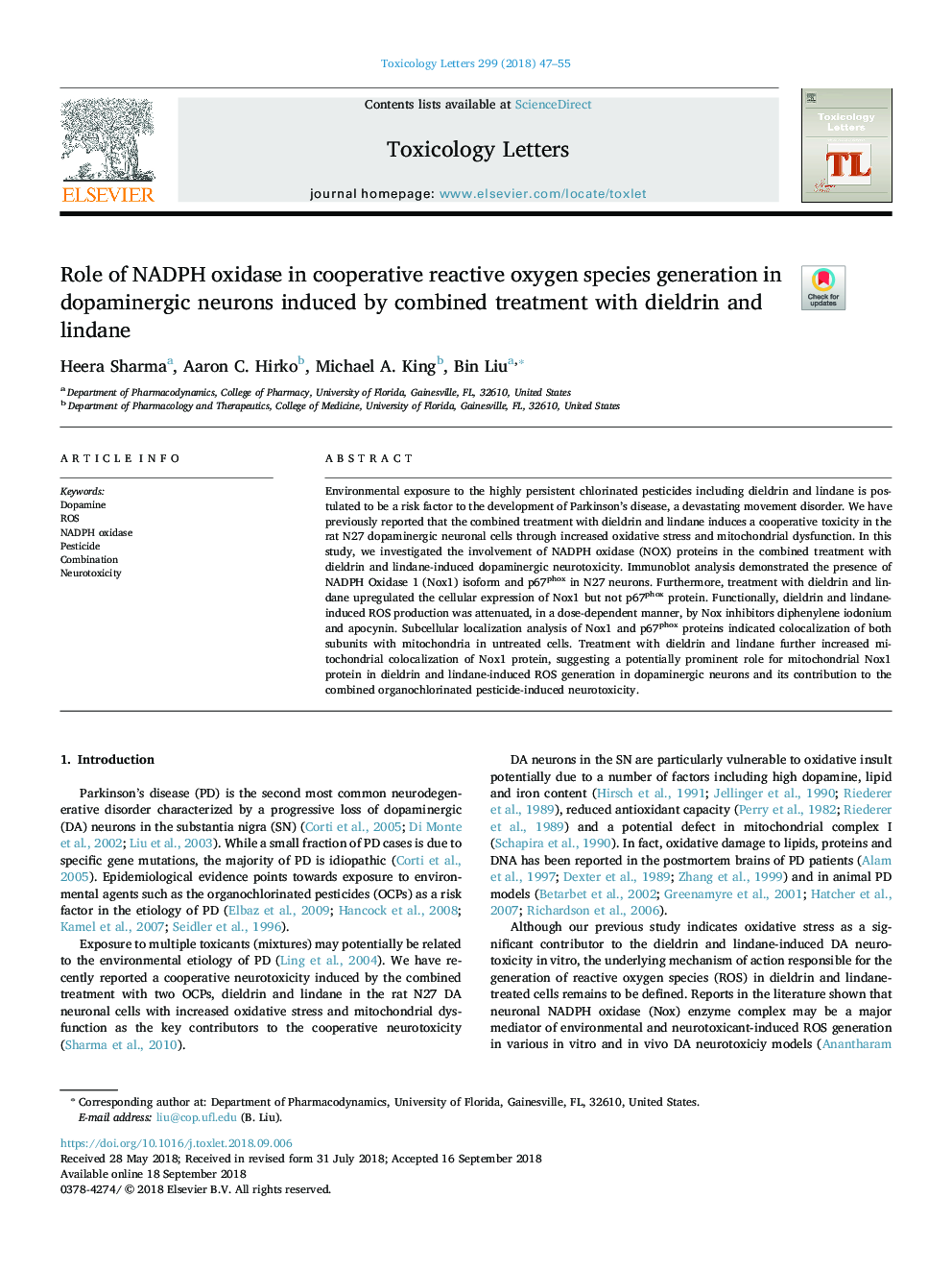 Role of NADPH oxidase in cooperative reactive oxygen species generation in dopaminergic neurons induced by combined treatment with dieldrin and lindane