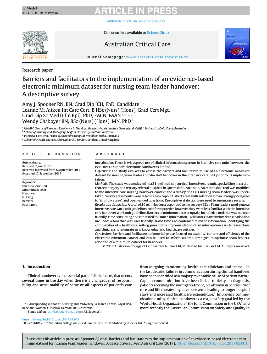 Barriers and facilitators to the implementation of an evidence-based electronic minimum dataset for nursing team leader handover: AÂ descriptive survey