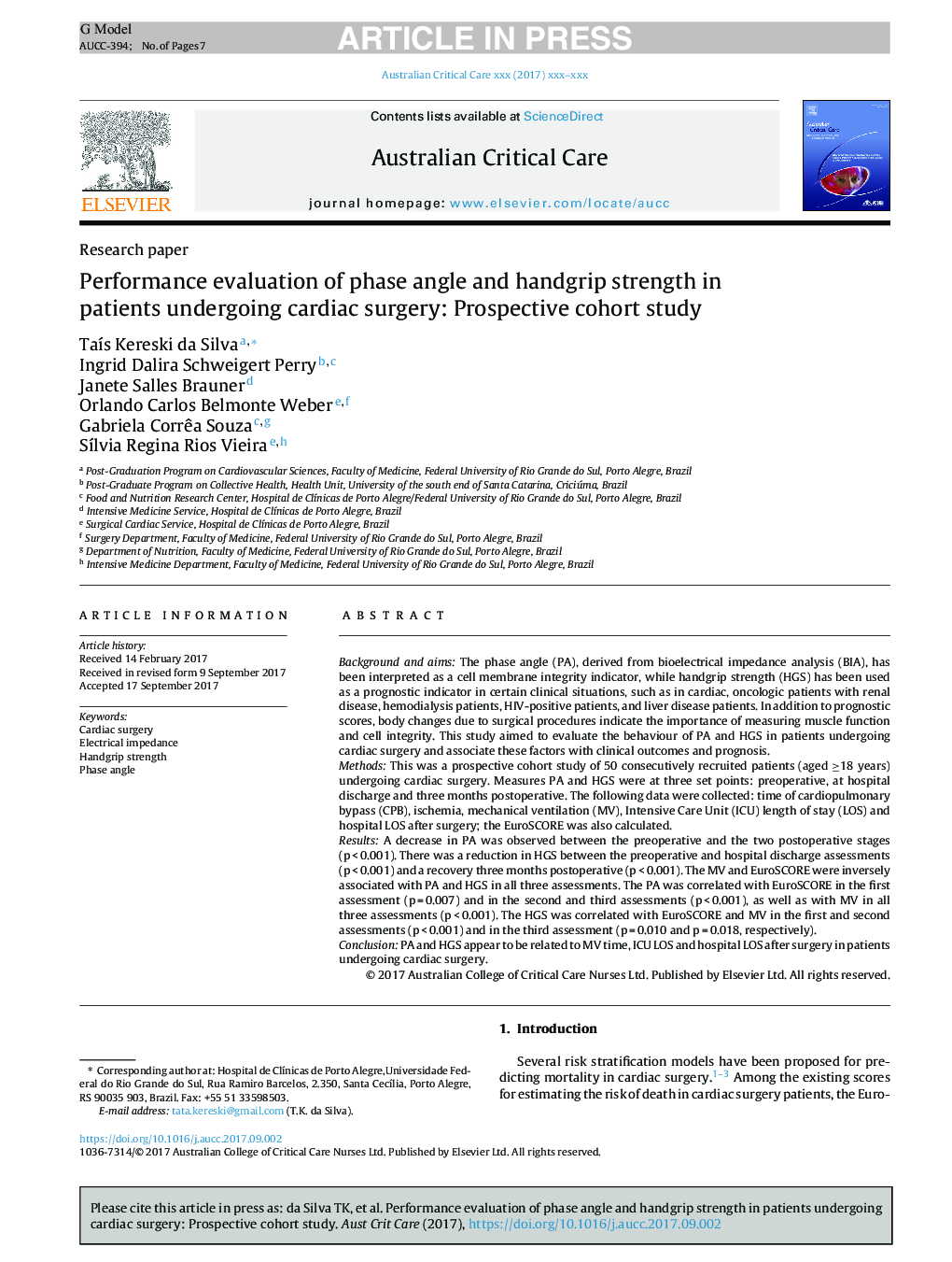 Performance evaluation of phase angle and handgrip strength in patients undergoing cardiac surgery: Prospective cohort study