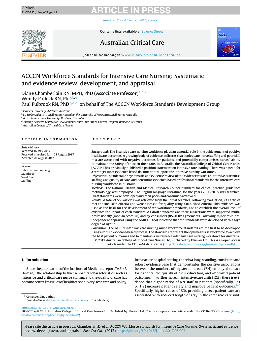 ACCCN Workforce Standards for Intensive Care Nursing: Systematic and evidence review, development, and appraisal