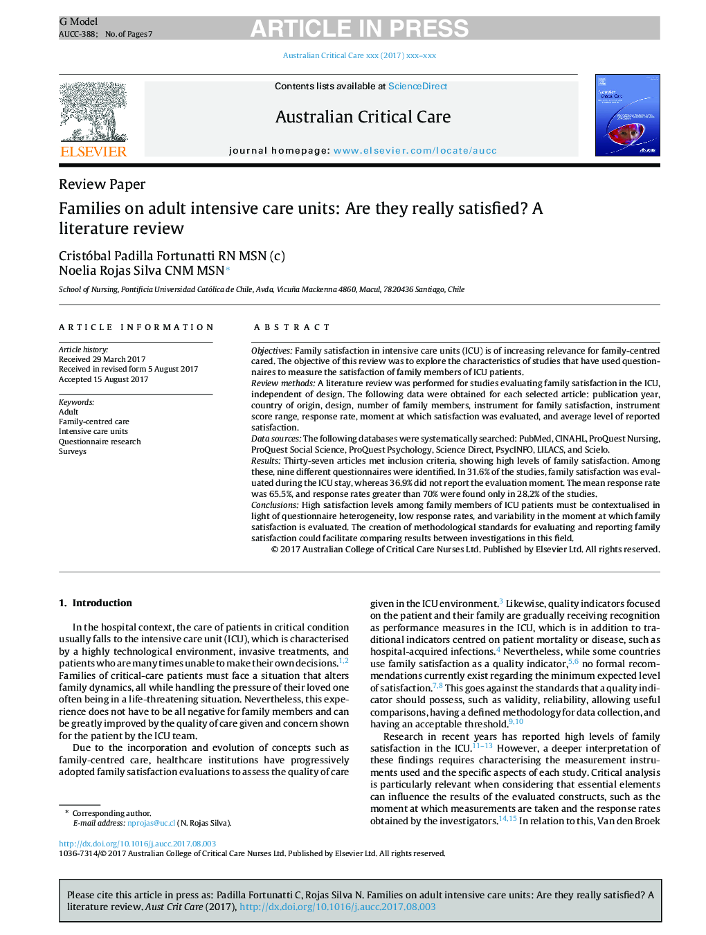 Families on adult intensive care units: Are they really satisfied? AÂ literature review