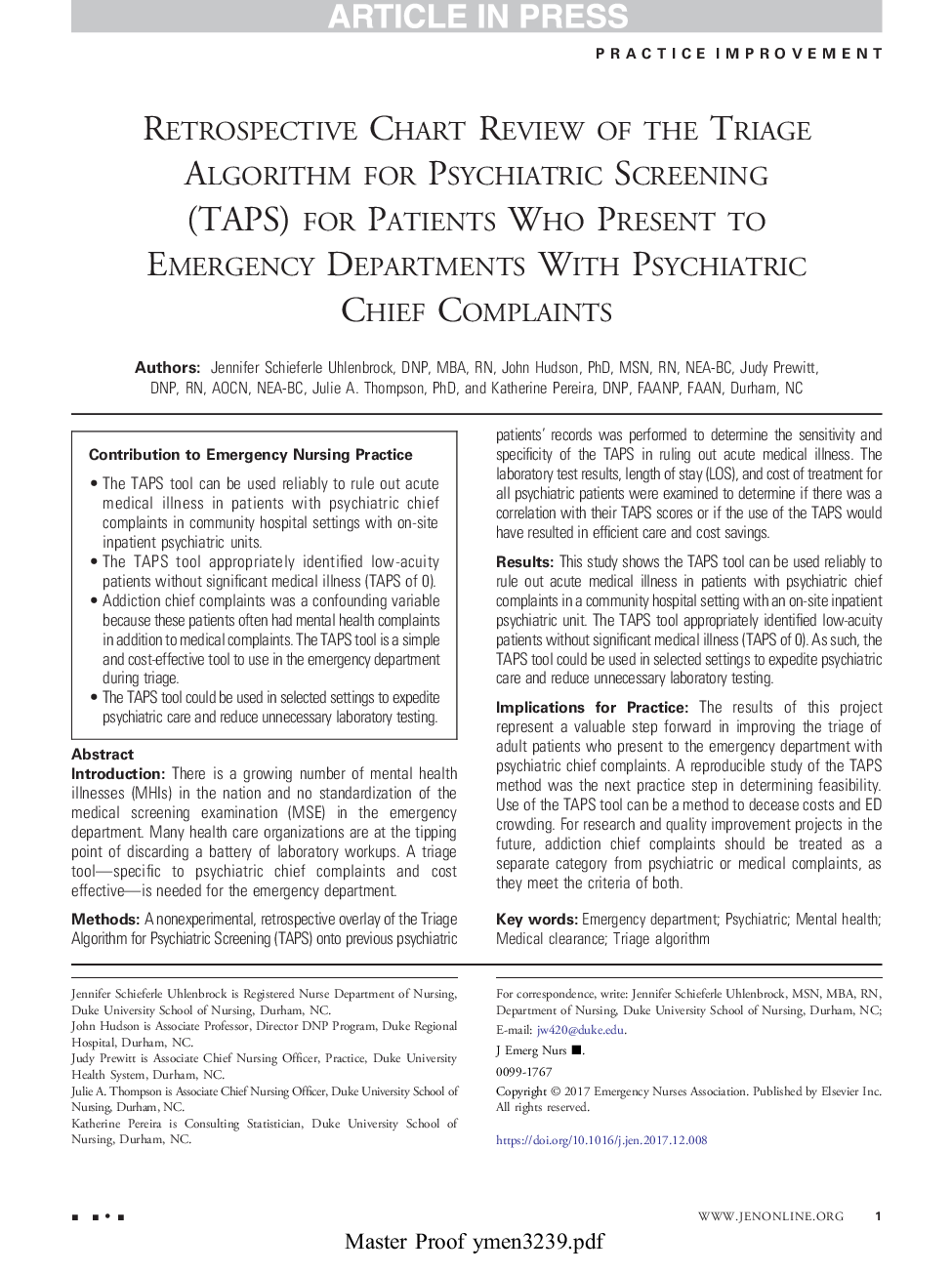 Retrospective Chart Review of the Triage Algorithm for Psychiatric Screening (TAPS) for Patients Who Present to Emergency Departments With Psychiatric Chief Complaints