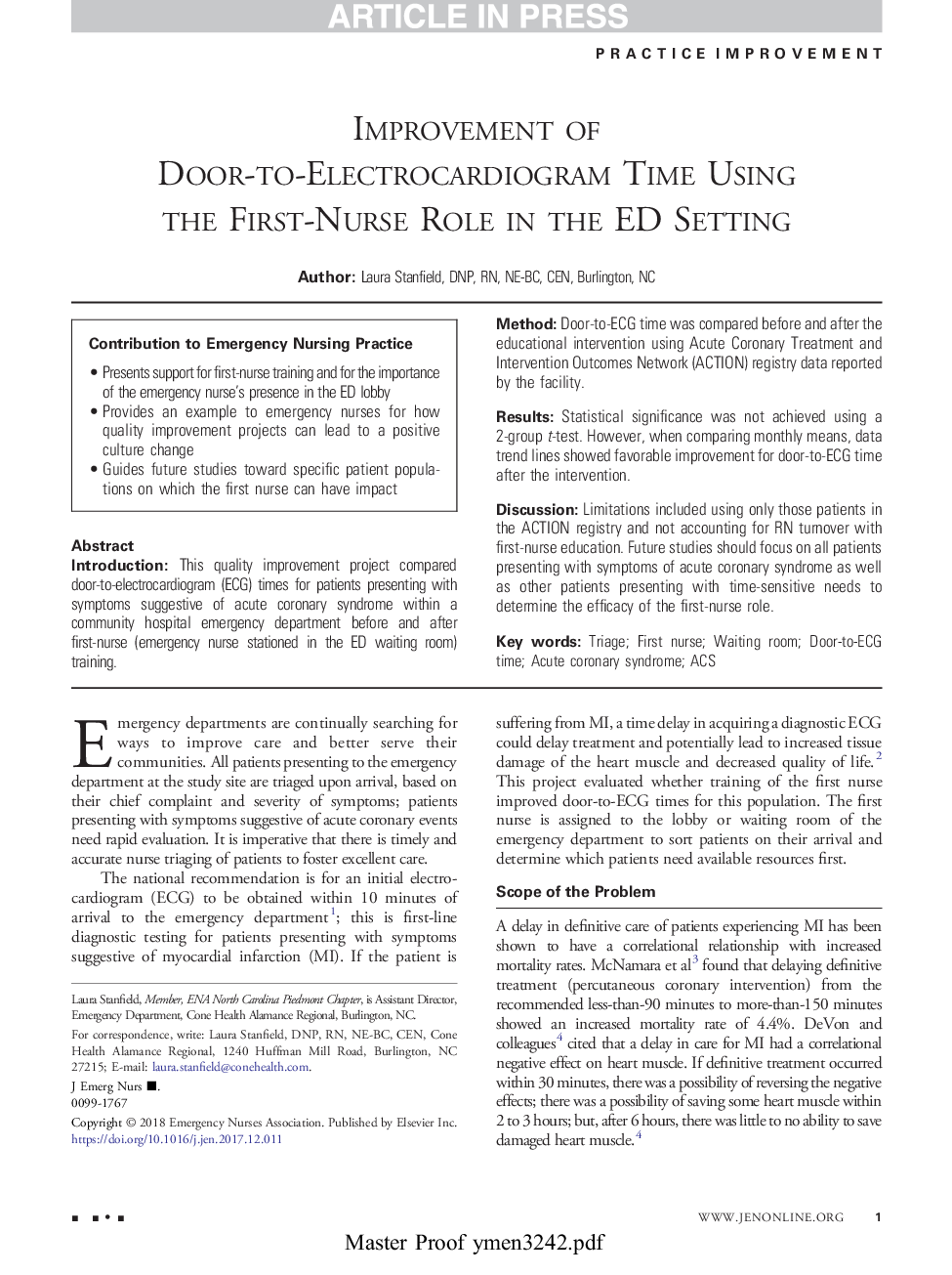 Improvement of Door-to-Electrocardiogram Time Using the First-Nurse Role in the ED Setting