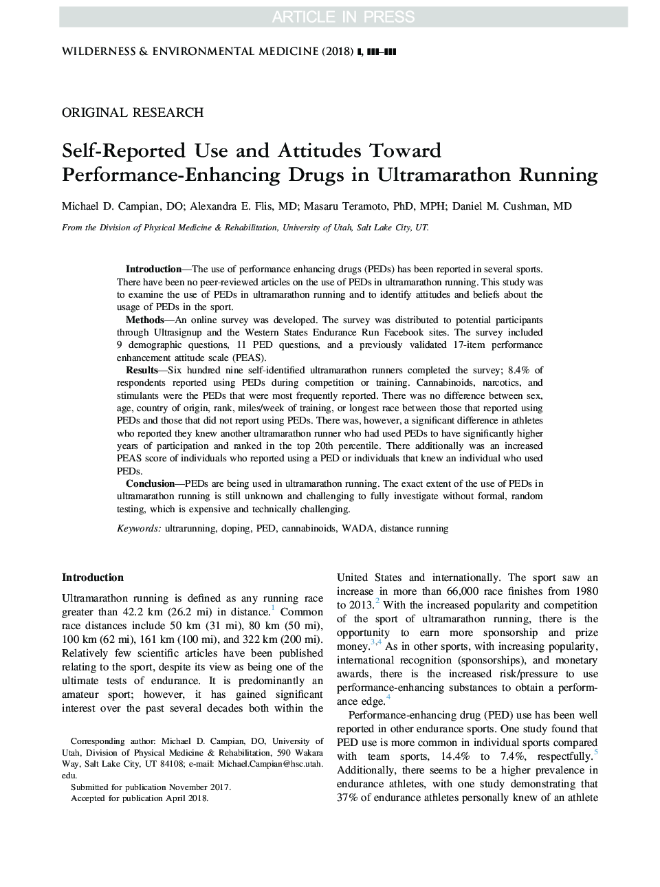 Self-Reported Use and Attitudes Toward Performance-Enhancing Drugs in Ultramarathon Running
