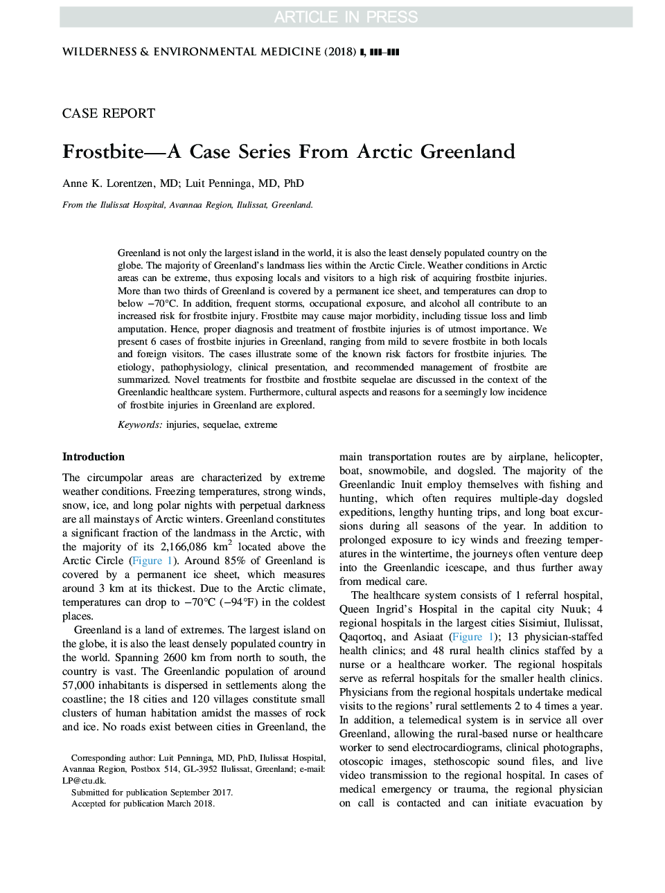 Frostbite-A Case Series From Arctic Greenland