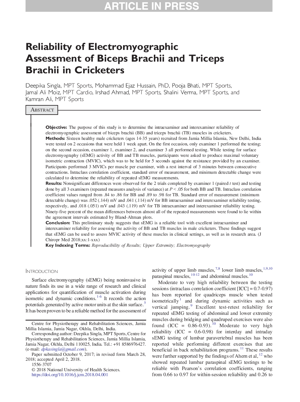 Reliability of Electromyographic Assessment of Biceps Brachii and Triceps Brachii in Cricketers